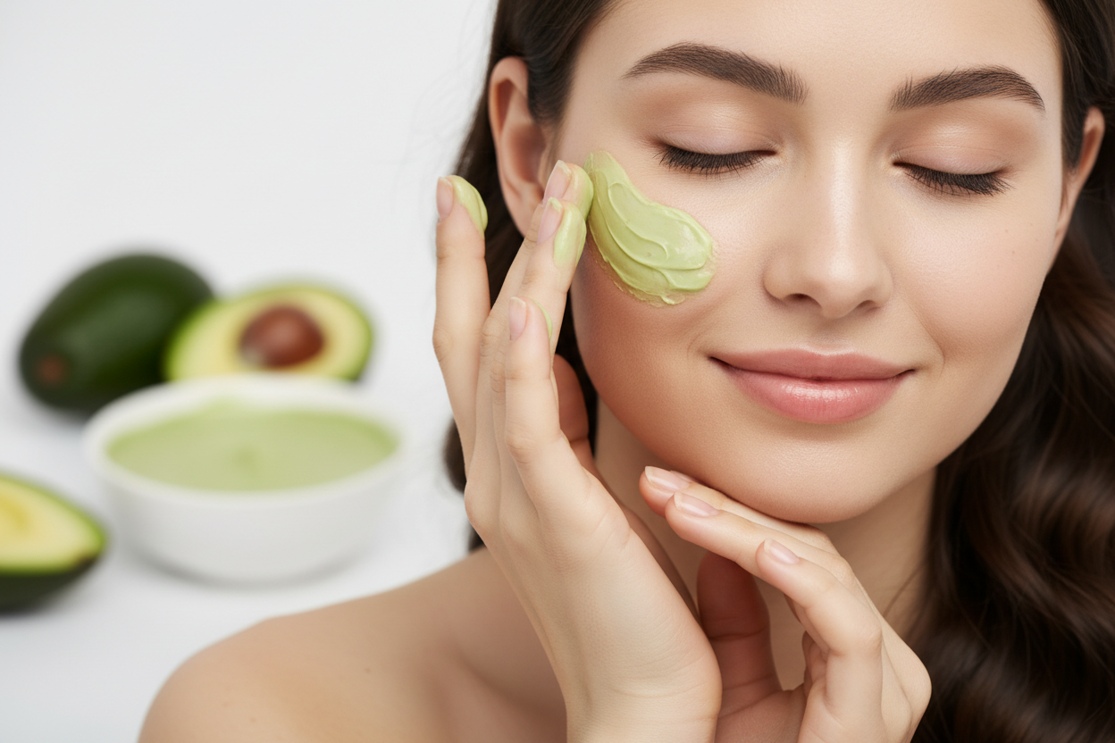 bella ragazza che usa una crema per il viso all'avocado quindi crema verde 