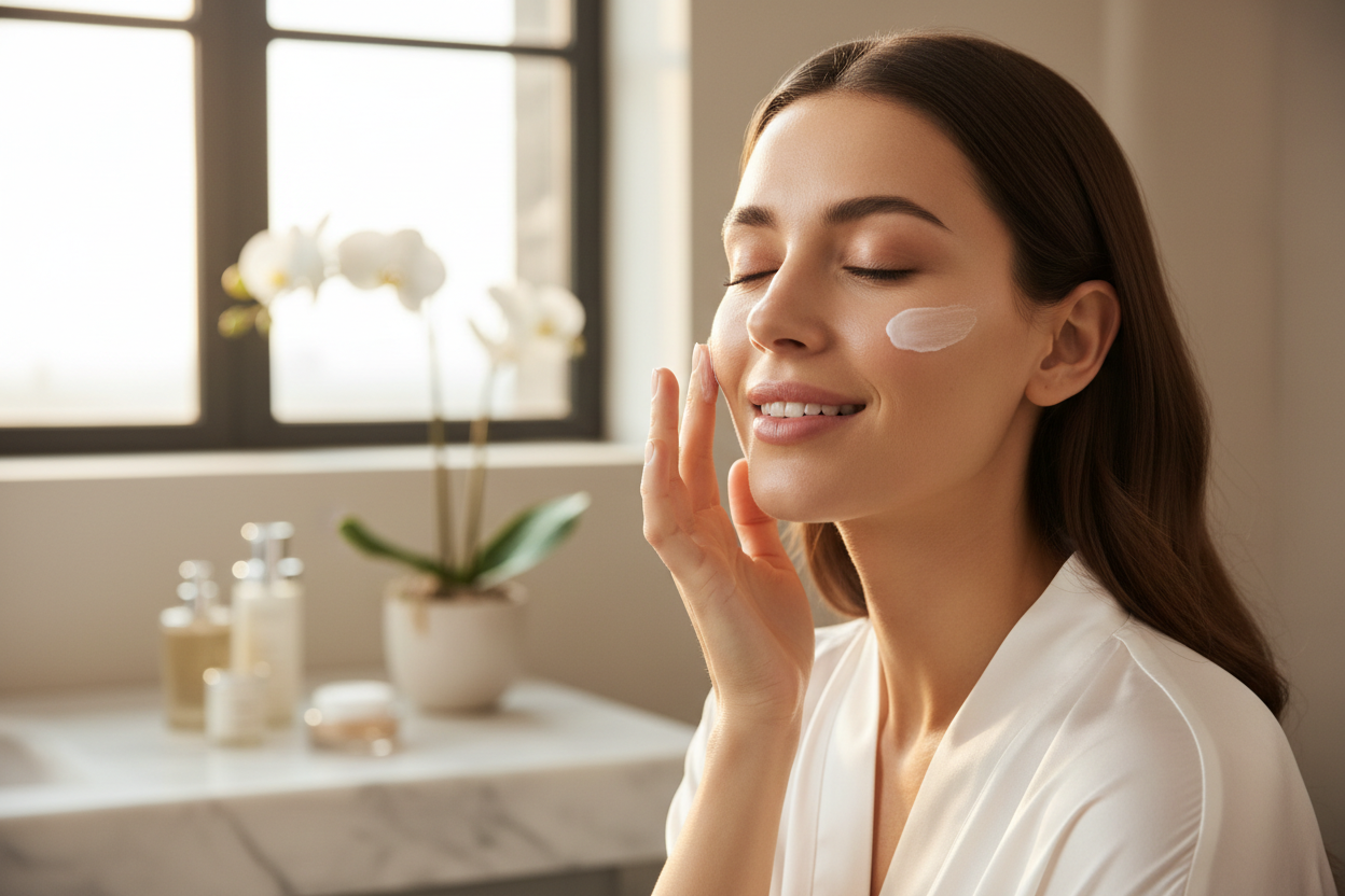 creami un immagina di una bella ragazza che si mette la crema 